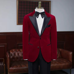Fashion Burgundy Peaked Lapel Velvet Men's Prom Suit