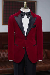 Fashion Burgundy Peaked Lapel Velvet Men's Prom Suit
