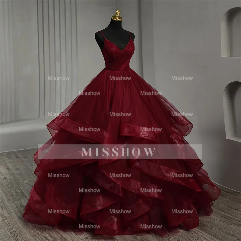 Fashion Classic Burgundy Spaghetti Strap V-neck Sleeveless Prom Dresses
