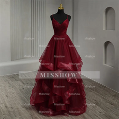 Fashion Classic Burgundy Spaghetti Strap V-neck Sleeveless Prom Dresses