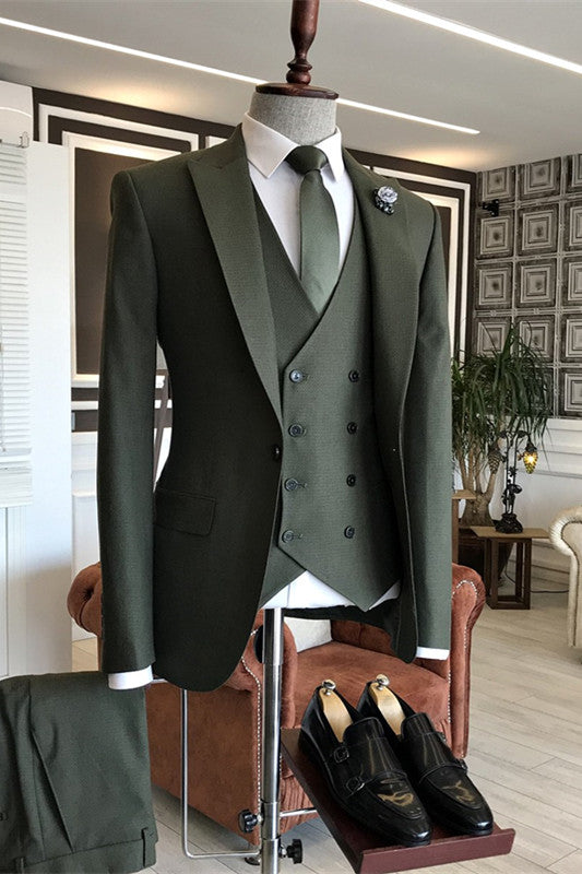 Fashion Dark Green Peaked Lapel Three-Piece Prom Suit