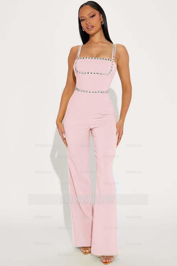Fashion Green Square Neck Spaghetti-Straps Slim Fit Jump Suit