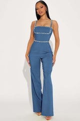 Fashion Green Square Neck Spaghetti-Straps Slim Fit Jump Suit