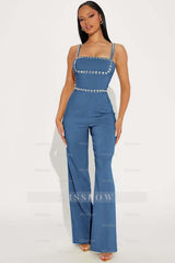 Fashion Green Square Neck Spaghetti-Straps Slim Fit Jump Suit