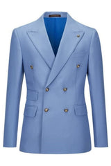 Fashion Light Blue Peaked Lapel Double-Breasted Prom Suit For Men