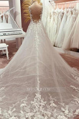 Fashion Long A-line V-neck Lace Tulle Wedding Dress with Train