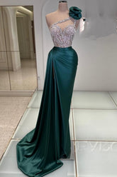 Fashion Long Dark Green One Shoulder Jewel Sleeveless Prom Evening Dresses