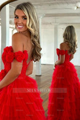Fashion Long Red Mermaid Off-the-shoulder A-line Lace Prom Dress with Slit