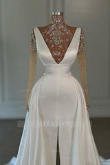 Fashion Long White A-line High Neck Lace Glitter Split Front Prom Evening Dresses with Long Sleeves