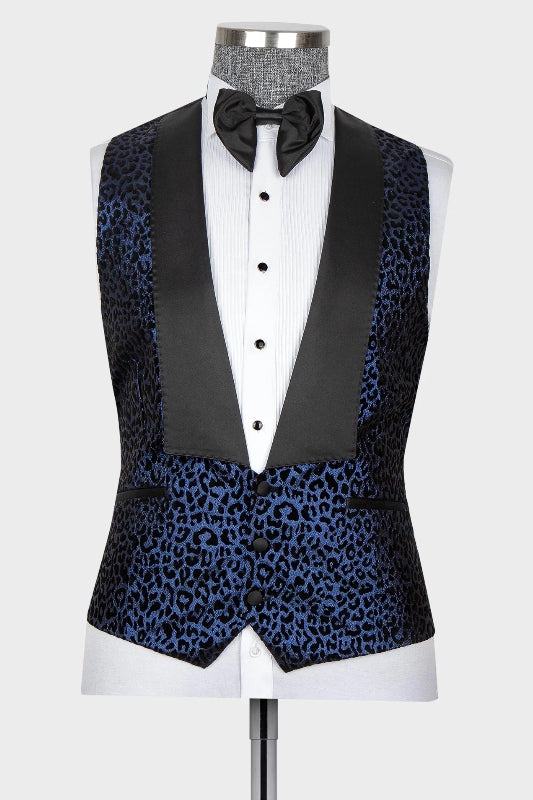 Fashion Navy Blue Jacquard Peaked Lapel Three-Piece Prom Suit