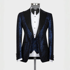 Fashion Navy Blue Jacquard Peaked Lapel Three-Piece Prom Suit