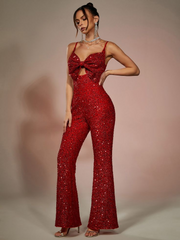 Fashion Red Sequins Bow Neck Party Jump Suit