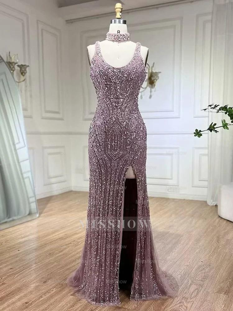 Fashion Sheath Bead Embroidery Dusk Square Split Long Formal Dress