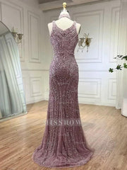 Fashion Sheath Bead Embroidery Dusk Square Split Long Formal Dress