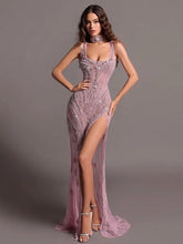 Fashion Sheath Bead Embroidery Dusk Square Split Long Formal Dress