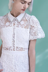 Fashion White Tea Length Lace Puff Sleeves Dress