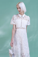 Fashion White Tea Length Lace Puff Sleeves Dress