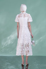 Fashion White Tea Length Lace Puff Sleeves Dress