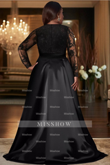 Fashionable Black A-Line V-Neck Lace Long Sleeves Long Satin Evening Dresses With Slit