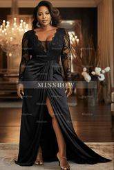 Fashionable Black A-Line V-Neck Lace Long Sleeves Long Satin Evening Dresses With Slit