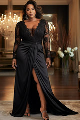 Fashionable Black A-Line V-Neck Lace Long Sleeves Long Satin Evening Dresses With Slit
