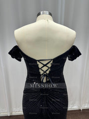 Fashionable Black Off-The-Shoulder Sequined Mermaid Evening Dress with Slit