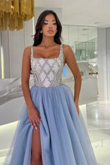 Fashionable Blue Spaghetti Strap Square Sleeveless Split Front Beaded Panel Train Tulle Prom Evening Dresses With Rhinestone