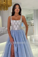 Fashionable Blue Spaghetti Strap Square Sleeveless Split Front Beaded Panel Train Tulle Prom Evening Dresses With Rhinestone
