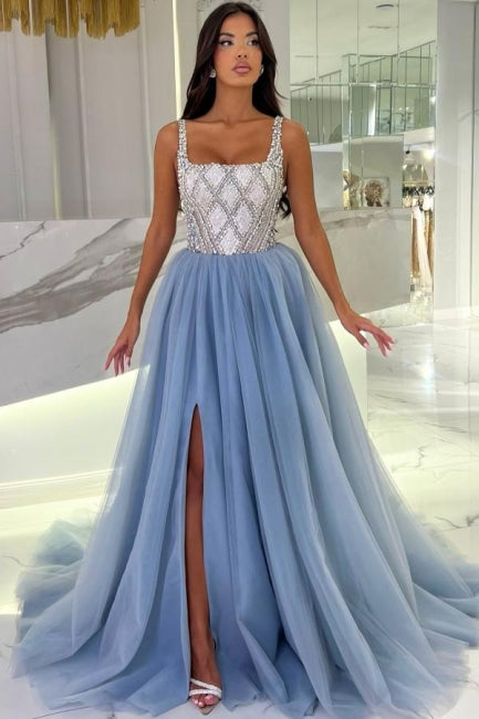 Fashionable Blue Spaghetti Strap Square Sleeveless Split Front Beaded Panel Train Tulle Prom Evening Dresses With Rhinestone