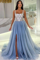 Fashionable Blue Spaghetti Strap Square Sleeveless Split Front Beaded Panel Train Tulle Prom Evening Dresses With Rhinestone