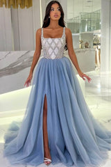 Fashionable Blue Spaghetti Strap Square Sleeveless Split Front Beaded Panel Train Tulle Prom Evening Dresses With Rhinestone