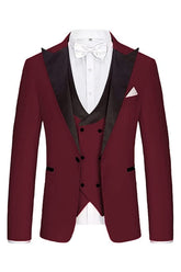 Fashionable Burgundy Three-Piece Peaked Lapel Prom Ensemble