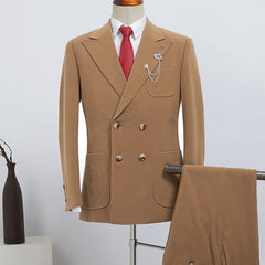 Fashionable Camel Double Breasted Slim Fit Custom Business Suit