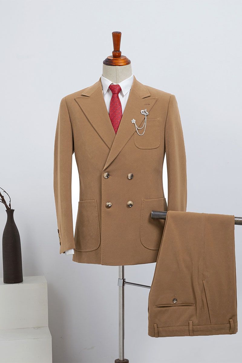 Fashionable Camel Double Breasted Slim Fit Custom Business Suit