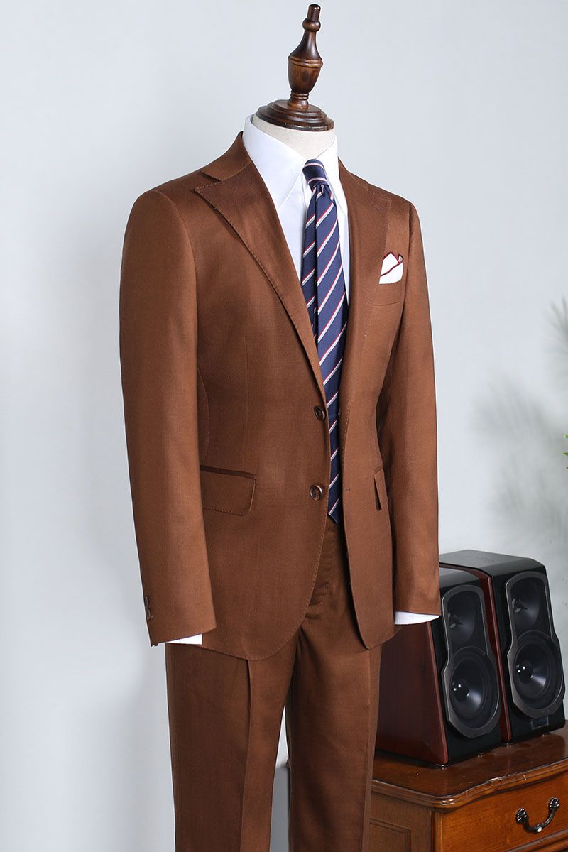 Fashionable Caramel Two Pieces Peak Lapel Slim Fit Business Suit