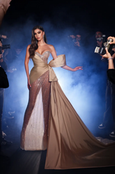 Fashionable Champagne Sweetheart Sequined Sleeveless Panel Train Satin Tulle Prom Dresses With Pearls