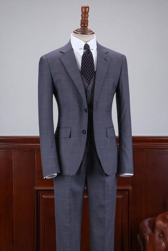 Fashionable Dark Gray Plaid Notched Lapel Two Button Business Suit