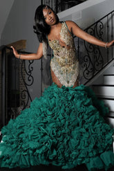 Fashionable Dark Green Mermaid Sleeveless Beaded Prom Dress with Ruffles