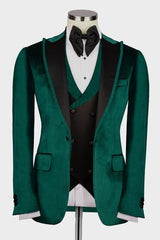 Fashionable Dark Green Peaked Lapel Three-Piece Velvet Prom Suit