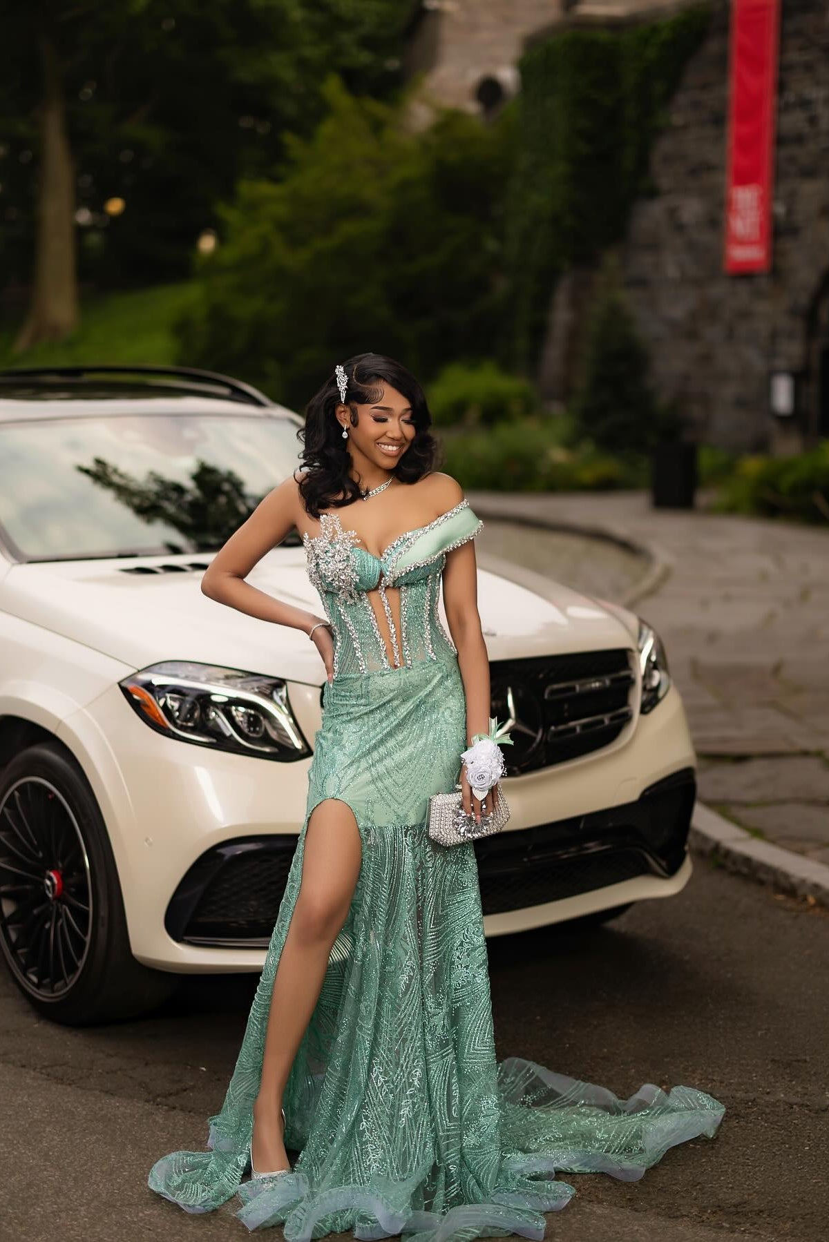 Sage one shoulder split-front mermaid prom dress