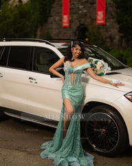 Fashionable Dusty Sage One Shoulder Sleeveless Mermaid Prom Dress with Slit and Rhinestones