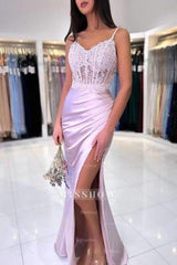 Fashionable Floor Length Mermaid Spaghetti Straps Lace Prom Evening Dresses with Slit