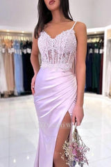 Fashionable Floor Length Mermaid Spaghetti Straps Lace Prom Evening Dresses with Slit