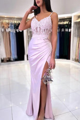 Fashionable Floor Length Mermaid Spaghetti Straps Lace Prom Evening Dresses with Slit