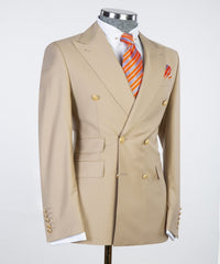 Fashionable Khaki Double Breasted Peak Lapel Business Men’s Suits