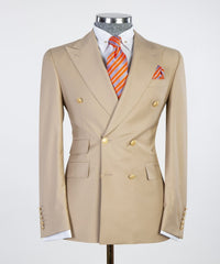 Fashionable Khaki Double Breasted Peak Lapel Business Men’s Suits