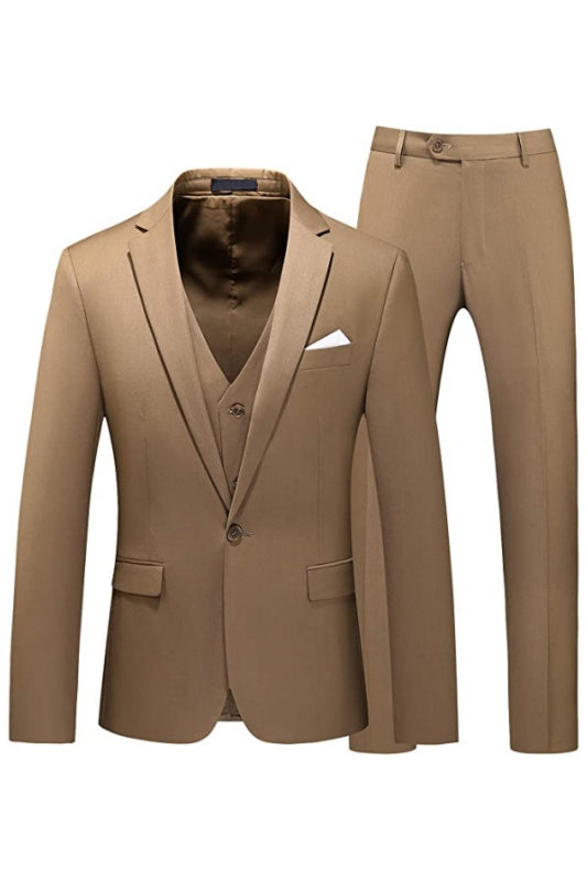 Fashionable Khaki Notched Lapel Three-Piece Prom Suit For Men