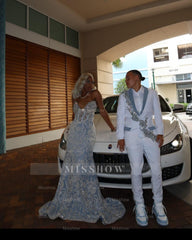 Fashionable Long Blue Sweetheart Sleeveless Mermaid Prom Dress with Rhinestones and Embroidery