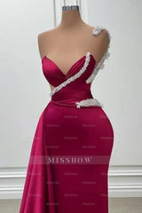 Fashionable Long Burgundy Mermaid One Shoulder Beading Satin Prom Evening Dresses