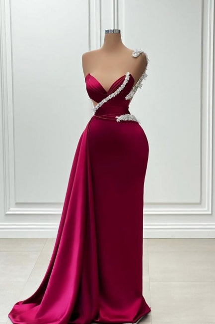Fashionable Long Burgundy Mermaid One Shoulder Beading Satin Prom Evening Dresses